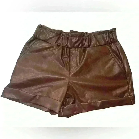 Sincerely Jules Brown Faux Leather Paper bag Cuffed Shorts Size Small - Picture 2 of 6